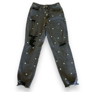 NWOT TinselTown Destruction Mom Jeans Sz 9 Black Floral Embroidered Detail Rips